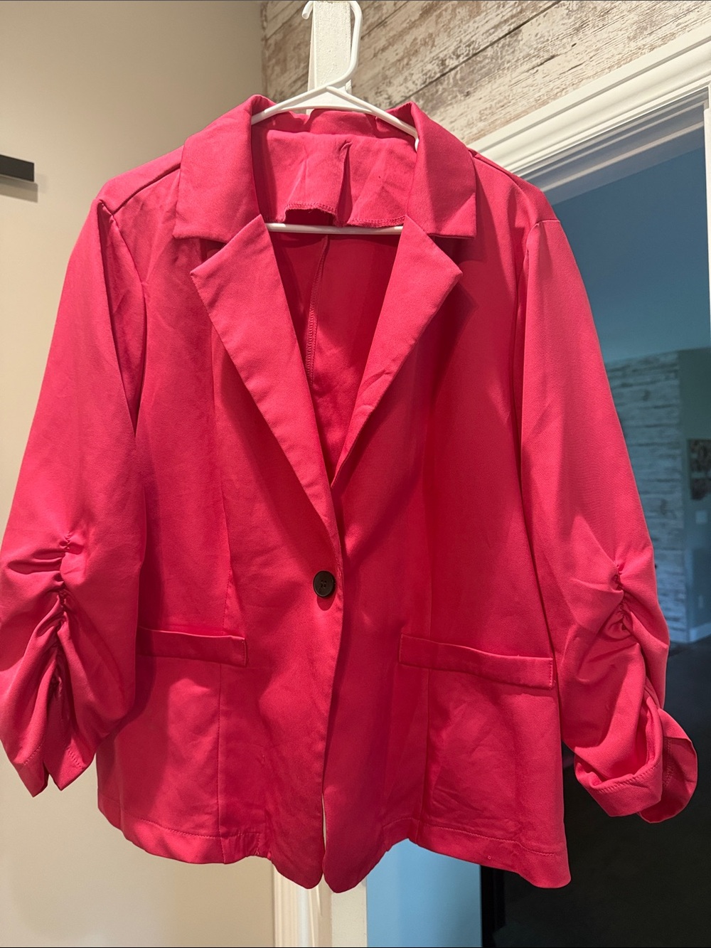 SHEIN Hot Pink Single-Button Ruched-Sleeve Blazer